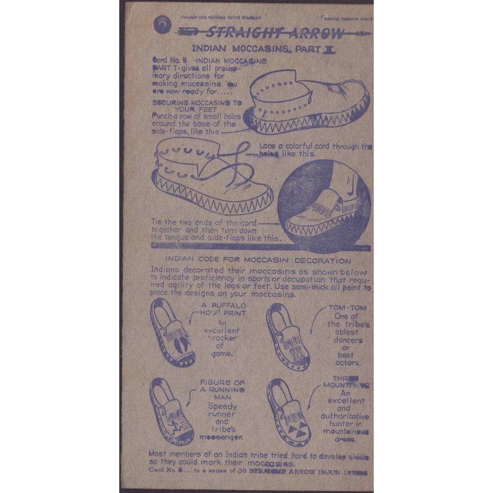 1950 Nabisco Shredded Wheat Straight Arrow Injun-Uities Card 5 Indian Moccasins